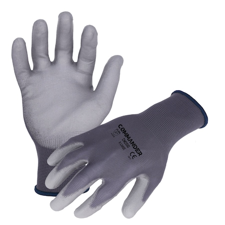 Commander 13 Ga. Nylon Work Gloves, Polyurethane Palm Coating, Gray, S